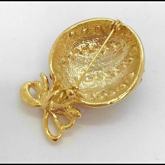 Christmas Ornament Brooch Festive Gold Holiday Pin Red Enamel Rhinestone Pendant - Picture 2 of 8